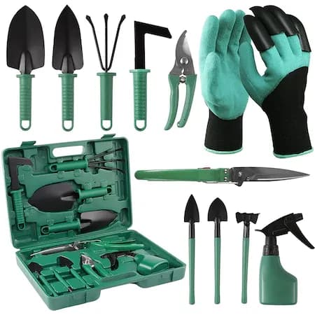 Set 11 unelte de gradina, Cauciuc/Fier, Ergonomic, Cutie depozitare, Verde/Negru